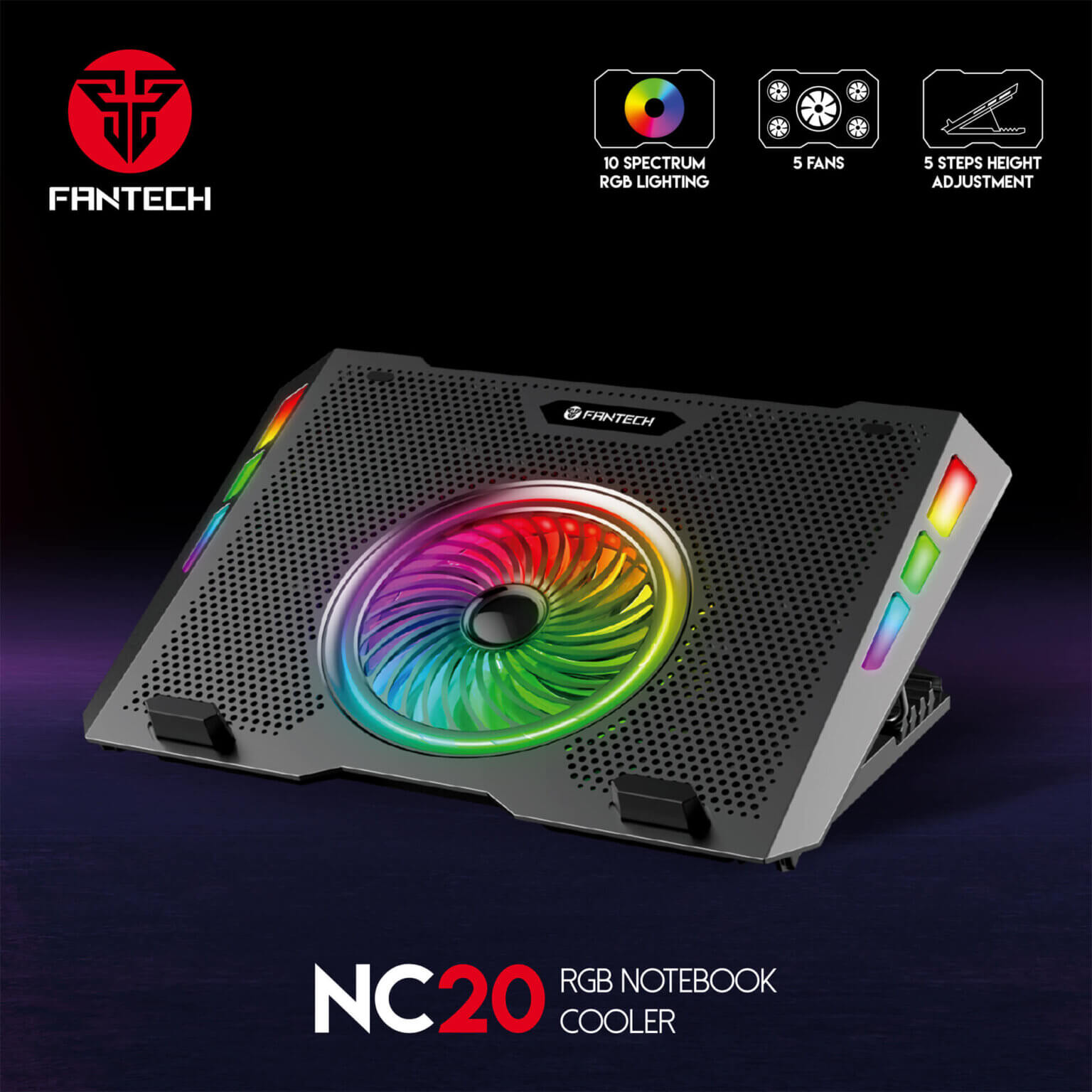 Fantech NC20 Notebook Cooler RGB 17 Pulgadas 5 Ventiladores Black