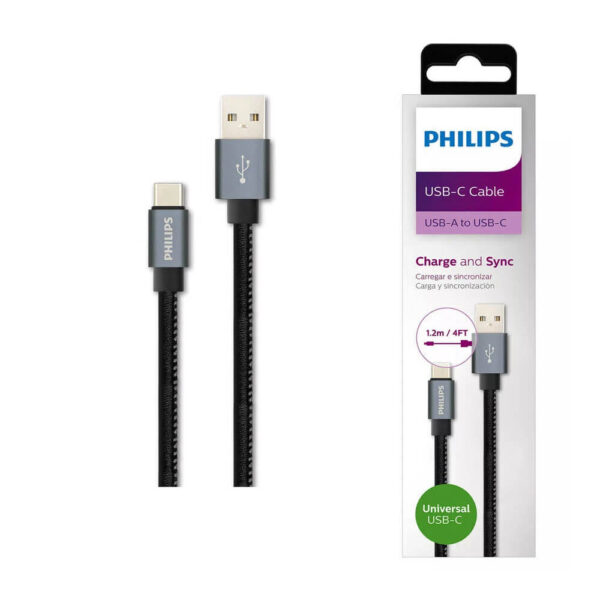 Philips Cable USB C 1.2 Mts Cuero Negro DLC2528B Carga/Transferencia/PS5/PC/Smartphone