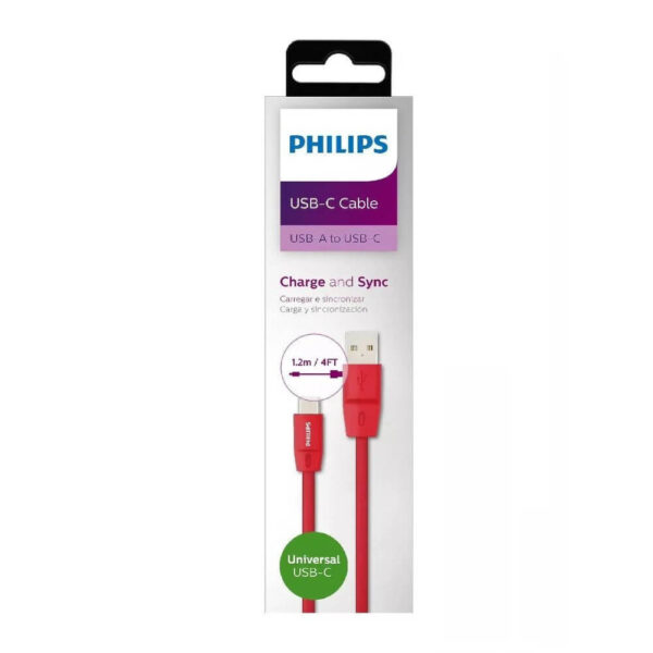 Philips Cable USB C 1.2 Mts Goma Rojo DLC2528C Carga/Transferencia/PS5/PC/Smartphone
