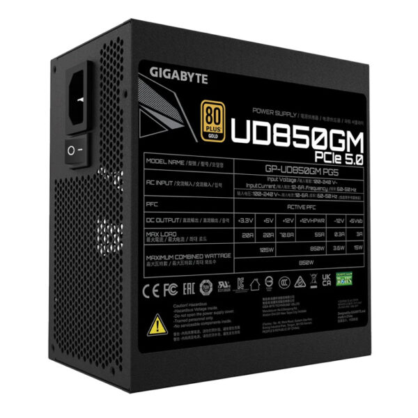 Gigabyte PSU Fuente de Poder UD850 PG5 850 Watts PCI-EX GEN 5 Serie 4000 ATX 3.0 80 Plus GOLD FULL MODULAR