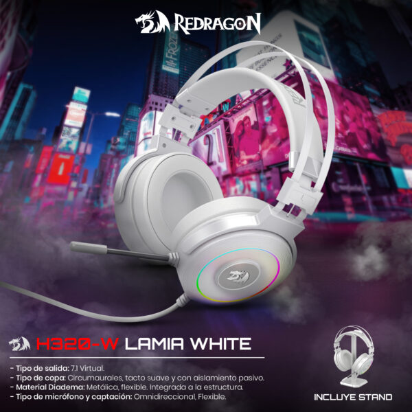 Redragon Audífonos Gamer LAMIA2 WHITE 7.1 USB PC/PS4/XBOX H320W-RGB