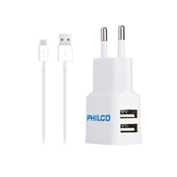 Philco Cargador USB Doble puerto Con Cable Micro R2100 Blanco 220v Carga Rápida 2.1A