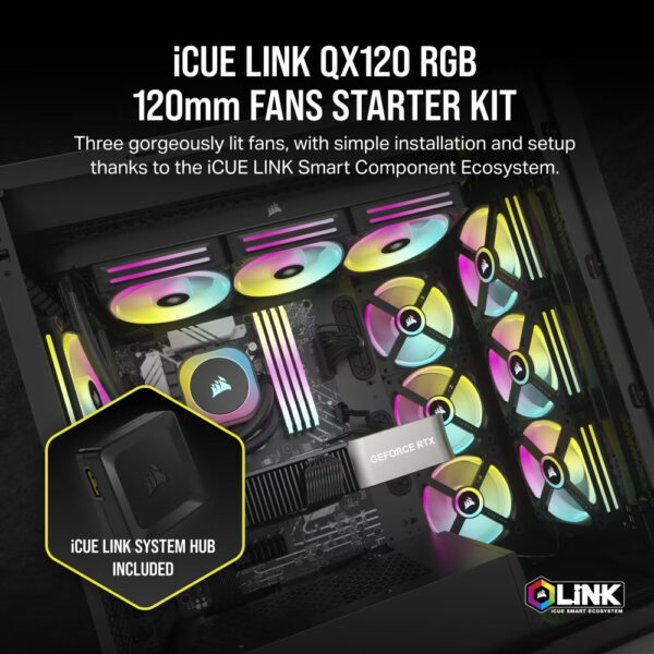 Corsair Kit de inicio de ventiladores PWM para PC iCUE LINK QX120 RGB de 120 mm con iCUE LINK System Hub