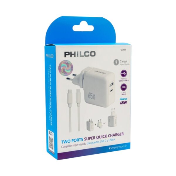 Philco Cargador USB-C de Pared Super Rápido USB 3.0 65W Tecnología Qualcom 3.0 Blanco GANFAST