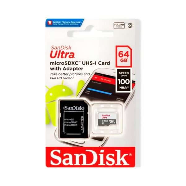 SanDisk Memoria Micro SD ULTRA UHS-I 64GB 100 MBs con adaptador SD