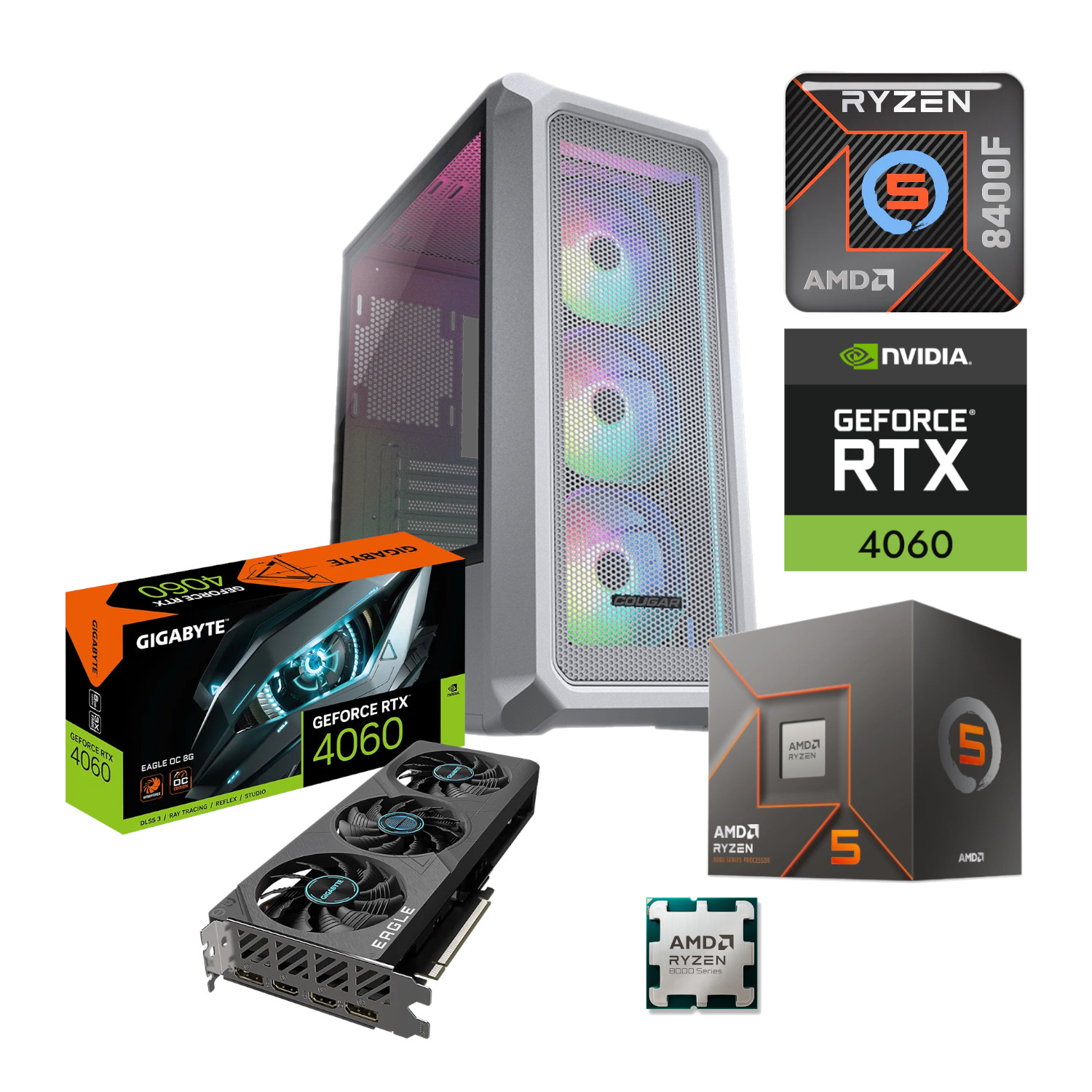 PC GAMER AMD RYZEN 5 8400F RTX 4060 32GB RAM DDR5 5600 1TB SSD M2 NVME 650W W10 PRO