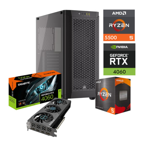 PC GAMER AMD RYZEN 5 5500 CORSAIR 480T NVIDIA GEFORCE RTX 4060 16GB RAM DDR4 500GB M2 NVME 550W PSU W10 PRO