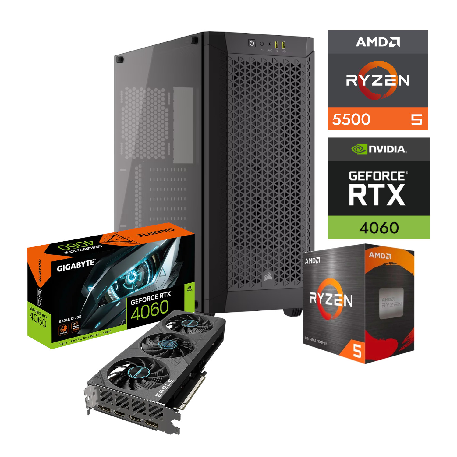 PC GAMER AMD RYZEN 5 5500 CORSAIR 480T NVIDIA GEFORCE RTX 4060 16GB RAM DDR4 500GB M2 NVME 550W PSU W10 PRO