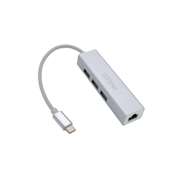 Philco Hub USB 3 Puertos Tipo C a USB A 3.0 y Ethernet 100/1000 Mbps RJ45
