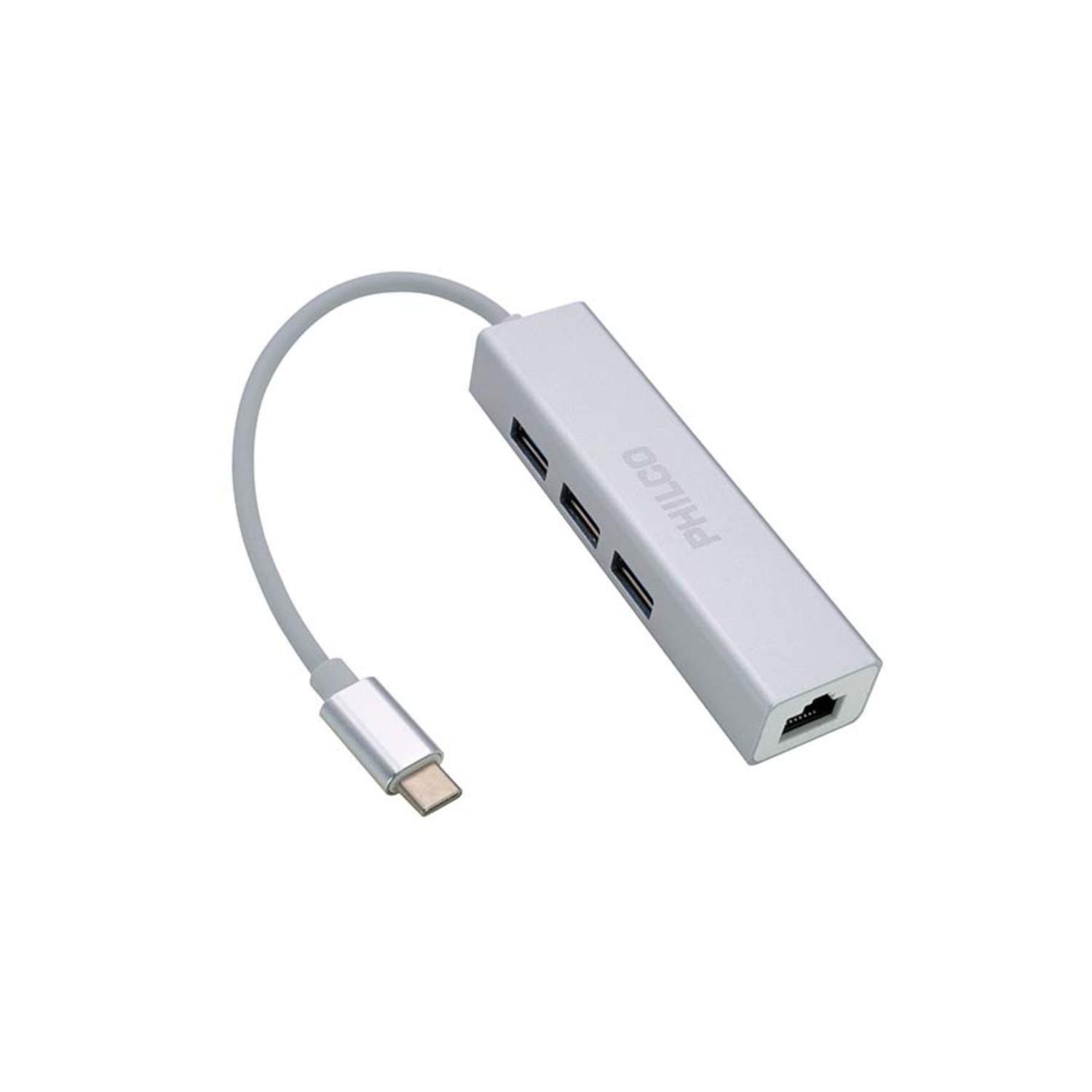 Philco Hub USB 3 Puertos Tipo C a USB A 3.0 y Ethernet 100/1000 Mbps RJ45