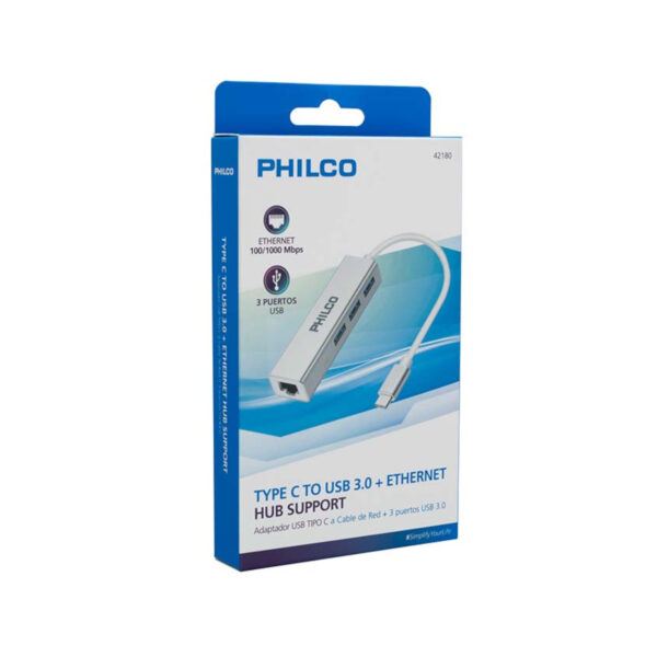 Philco Hub USB 3 Puertos Tipo C a USB A 3.0 y Ethernet 100/1000 Mbps RJ45 - Imagen 4