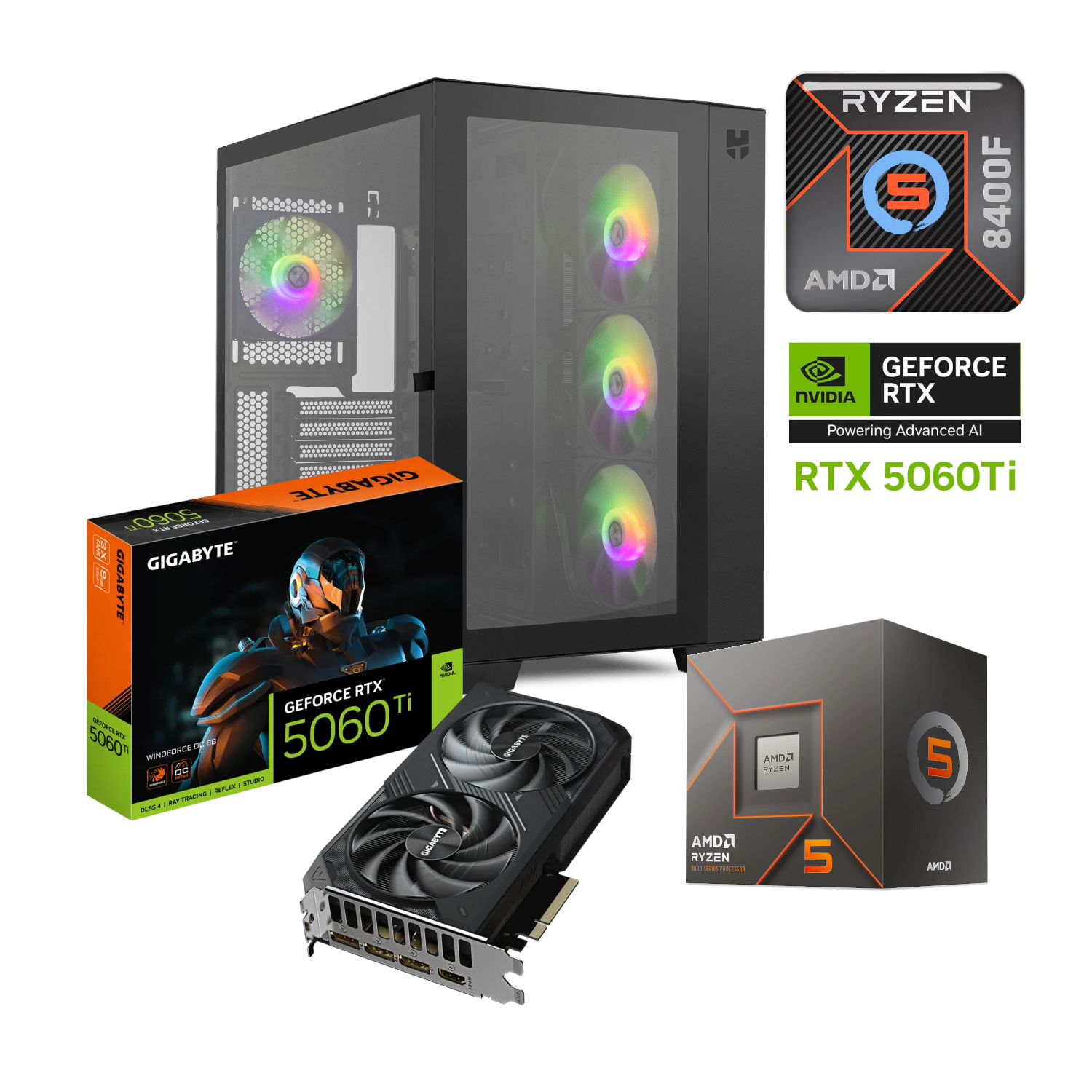 PC GAMER AMD RYZEN 5 8400F RTX 5060 TI GAMING 64GB RAM DDR5 5200 1TB SSD M2 NVME 750W W10 PRO