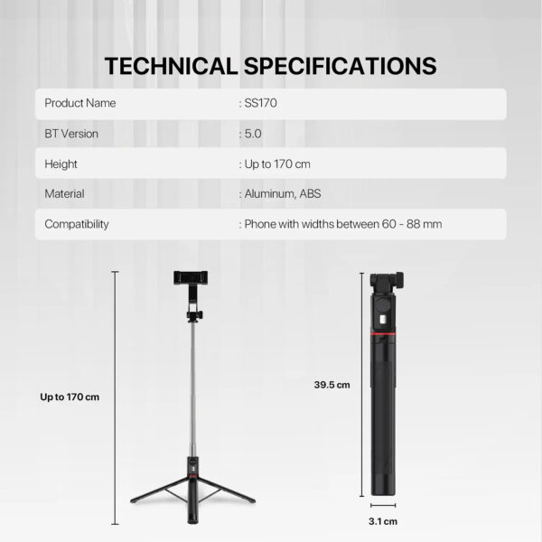 Fantech Selfie Stick SS1 170 Black Trípode 360 BT 1.7mts - Imagen 4