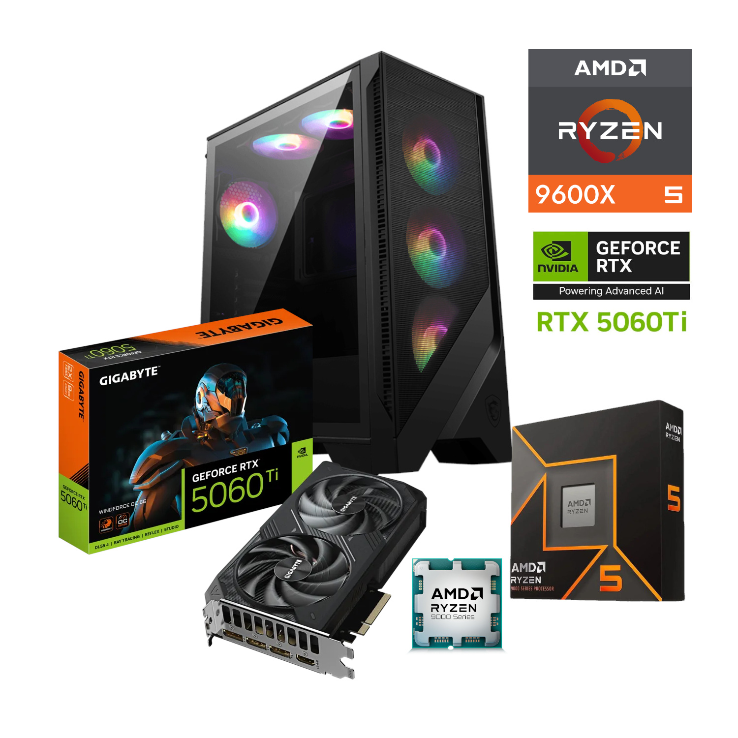 PC GAMER AMD RYZEN 5 9600X GPU RTX 5060 TI 16GB RAM DDR5 1TB SSD M2 B650 WIFI Y BT 650W W10 PRO