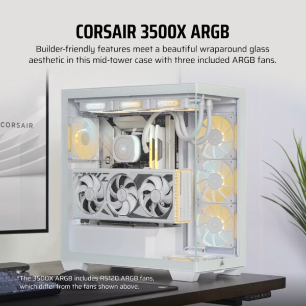 Corsair Gabinete PC Case Chasis 3500X ARGB Mid Tower Blanco Vista Envolvente - Imagen 2