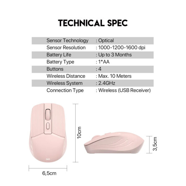 Fantech Mouse Inalámbrico W605 GO Pink Wireless USB Dongle 1600 Dpi AA - Imagen 2