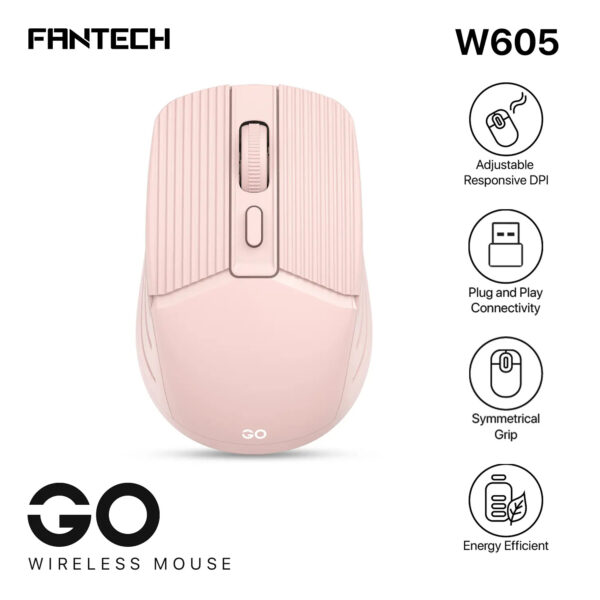 Fantech Mouse Inalámbrico W605 GO Pink Wireless USB Dongle 1600 Dpi AA - Imagen 4