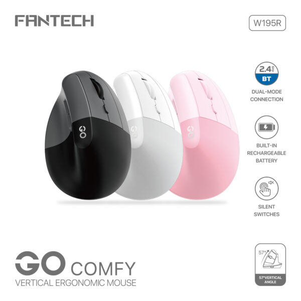 Fantech Mouse Inalámbrico W195R GO COMFY Pink Wireless  USB Dongle/Bluetooth 1600 Dpi - Imagen 5