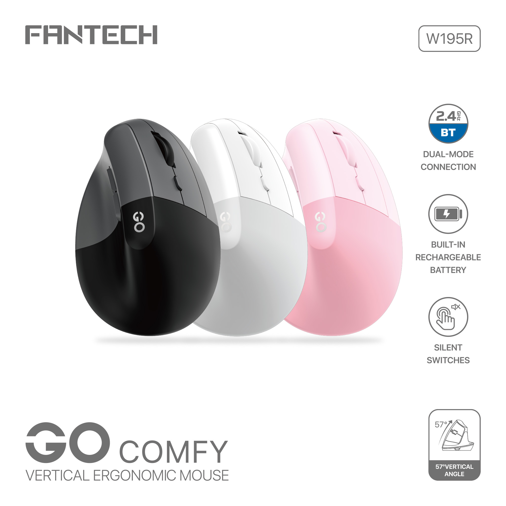 Mouse Fantech Mouse Inalámbrico W195R GO COMFY Pink Wireless  USB Dongle/Bluetooth 1600 Dpi ETCHILE Fantech Mouse Inalámbrico W195R GO COMFY Pink Wireless  USB Dongle/Bluetooth 1600 Dpi - Imagen 5