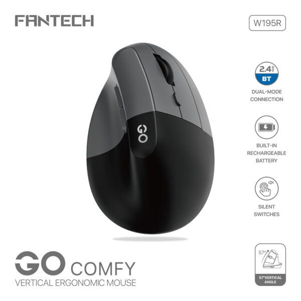 Fantech Mouse Inalámbrico W195R GO COMFY Grey Wireless USB Dongle/Bluetooth 1600 Dpi - Imagen 2