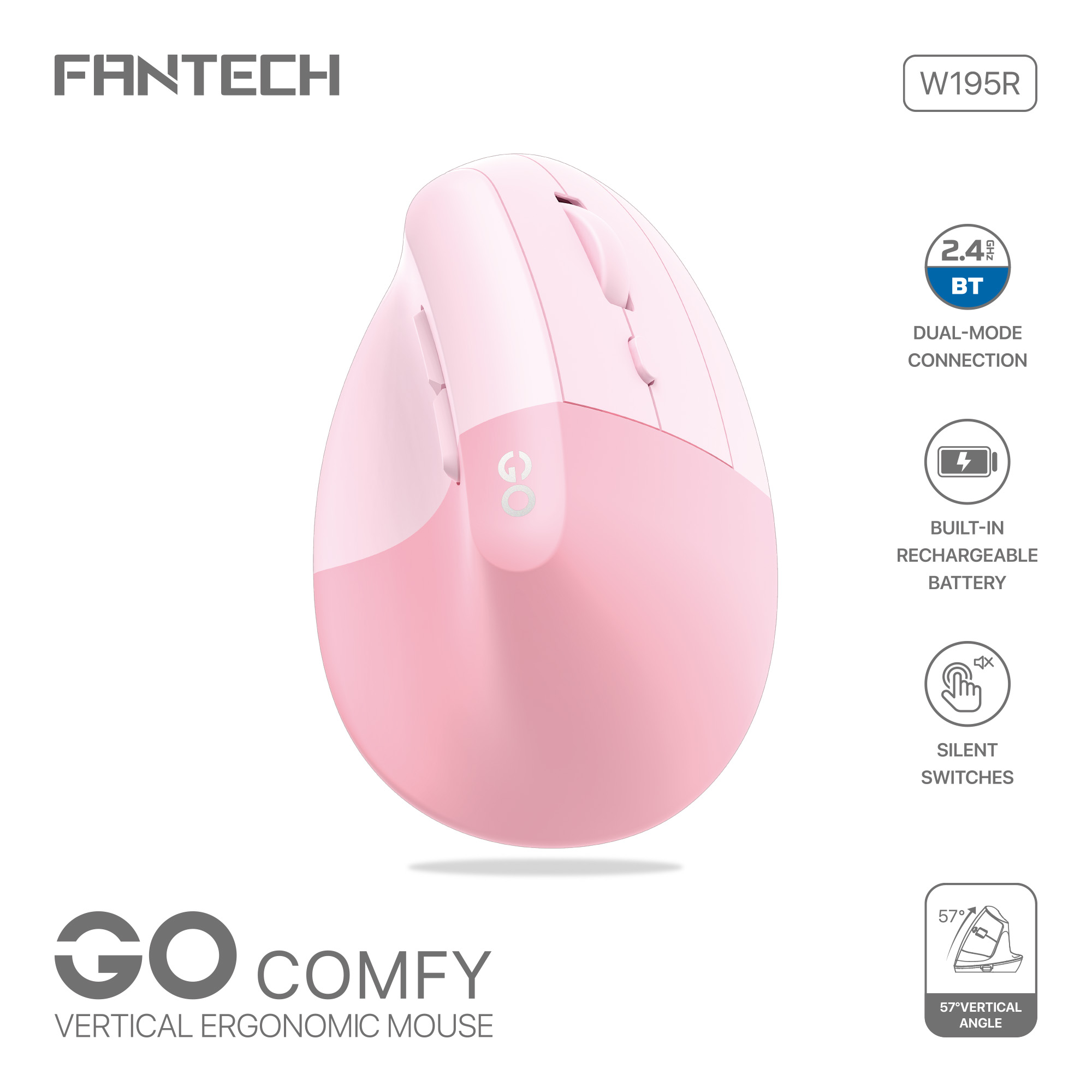 Mouse Fantech Mouse Inalámbrico W195R GO COMFY Pink Wireless  USB Dongle/Bluetooth 1600 Dpi ETCHILE Fantech Mouse Inalámbrico W195R GO COMFY Pink Wireless  USB Dongle/Bluetooth 1600 Dpi - Imagen 2