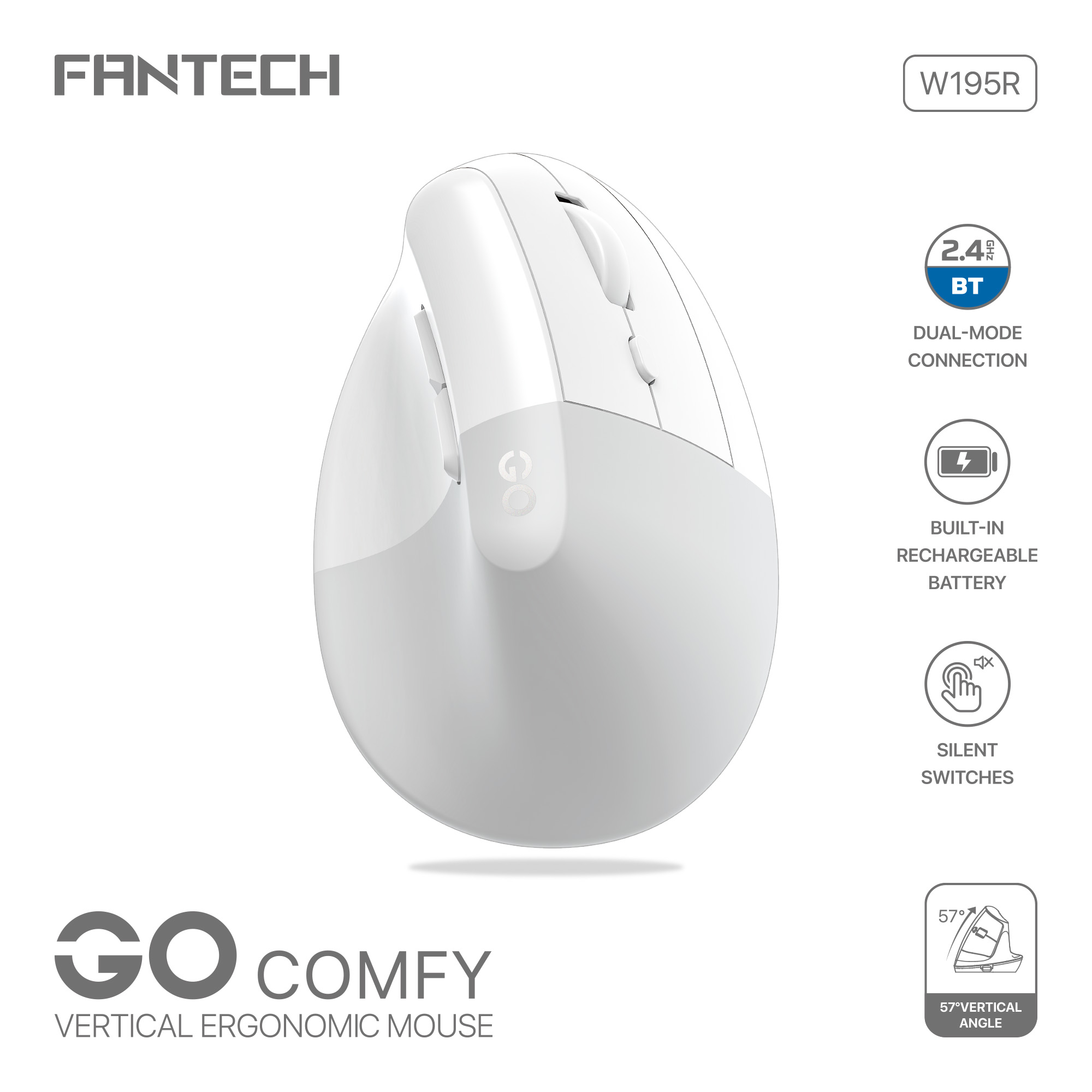 Mouse Fantech Mouse Inalámbrico W195R GO COMFY White Wireless  USB Dongle/Bluetooth 1600 Dpi ETCHILE Fantech Mouse Inalámbrico W195R GO COMFY White Wireless  USB Dongle/Bluetooth 1600 Dpi - Imagen 2