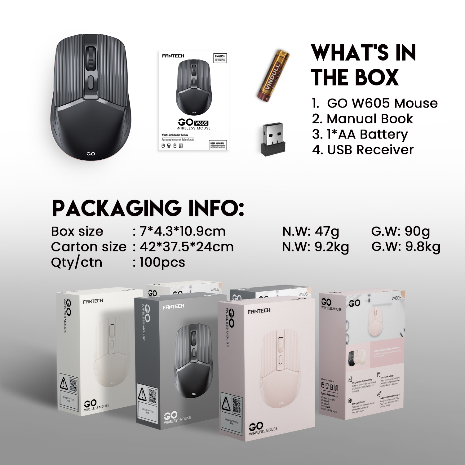 Mouse Fantech Mouse Inalámbrico W605 GO Black Wireless USB Dongle 1600 Dpi AA ETCHILE Fantech Mouse Inalámbrico W605 GO Black Wireless USB Dongle 1600 Dpi AA - Imagen 7