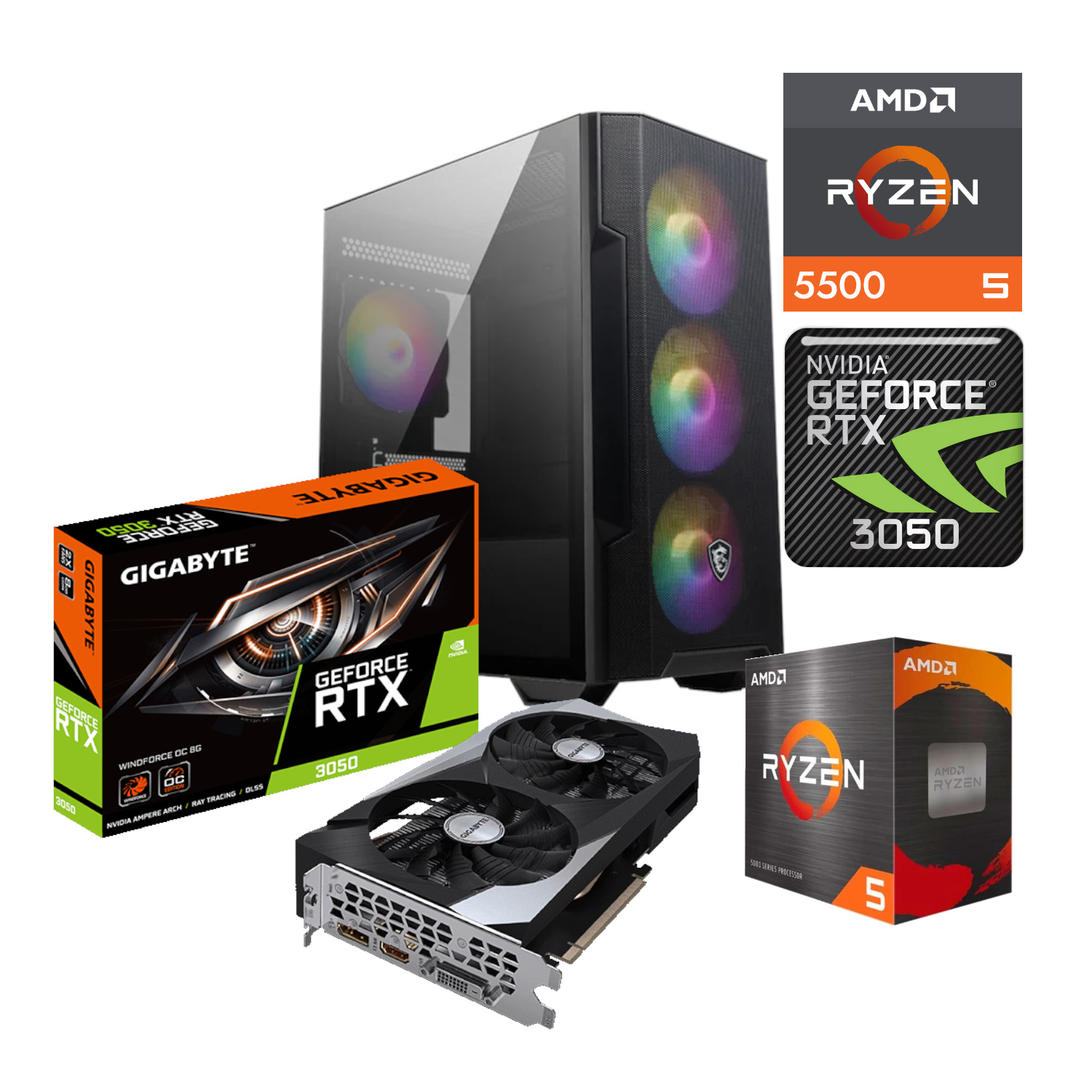 PC GAMER AMD RYZEN 5 5500 NVIDIA GEFORCE RTX 3050 16GB RAM DDR4 3200 500GB M2 SSD 550W W10PRO