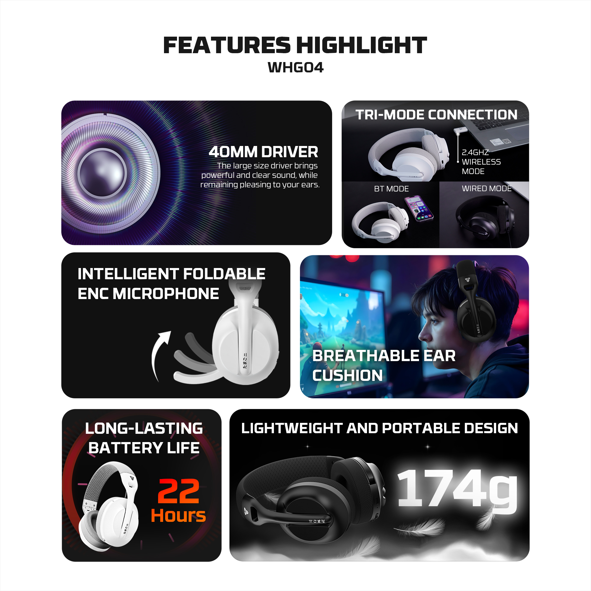 Audífonos Fantech Audífonos Gamer Inalámbricos WHG04 TAMAGO II Black Edition Tri-Mode Bluetooth Lightweight ETCHILE Fantech Audífonos Gamer Inalámbricos WHG04 TAMAGO II Black Edition Tri-Mode Bluetooth Lightweight - Imagen 11