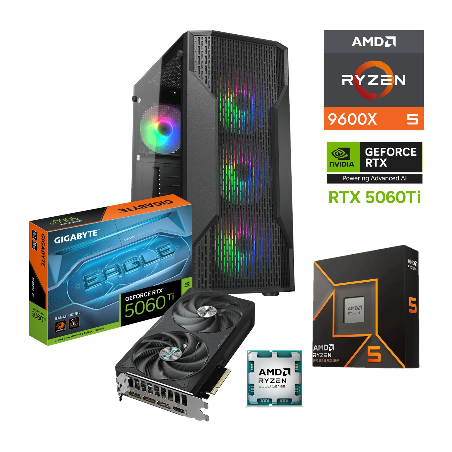 PC GAMER AMD RYZEN 5 9600X GPU RTX 5060 TI 32GB RAM DDR5 1TB SSD M2 650W W11 PRO