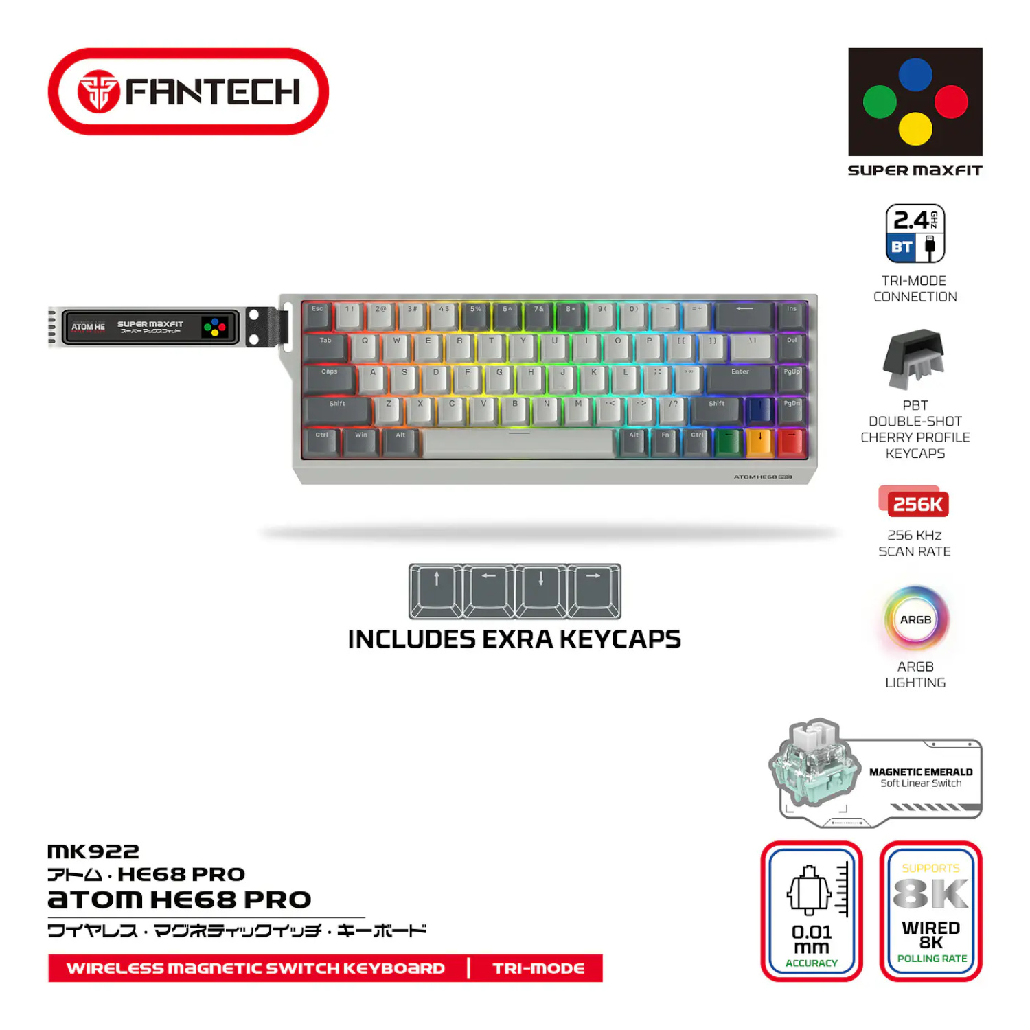 Periféricos Fantech Teclado Magético Inalámbrico MK922 ATOM HE68 PRO SuperMaxfit SW Emerald SNES ED BT/Wireless ETCHILE Fantech Teclado Magético Inalámbrico MK922 ATOM HE68 PRO SuperMaxfit SW Emerald SNES ED BT/Wireless - Imagen 5