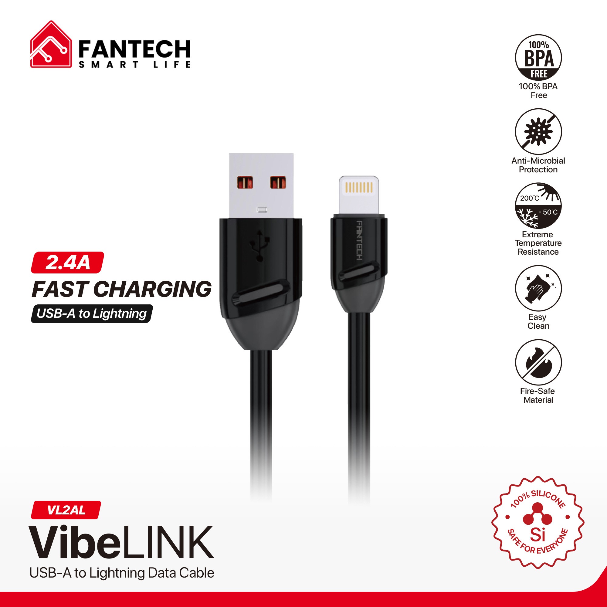 Cables Lightning Fantech Cable USB A a Lightning VibeLINK Smart Life VL2AL 1mt 2.4A ETCHILE Fantech Cable USB A a Lightning VibeLINK Smart Life VL2AL 1mt 2.4A - Imagen 2