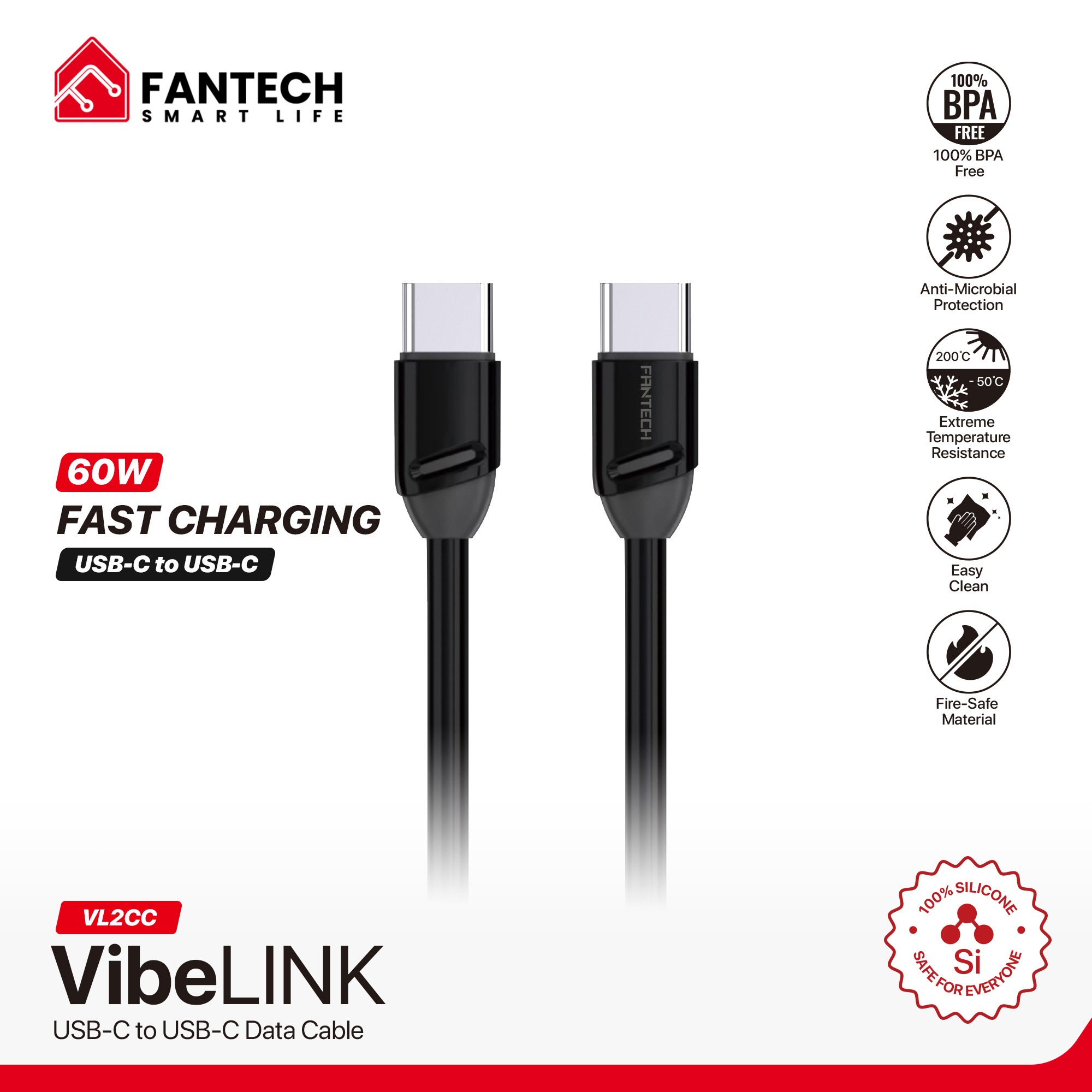 Cables USB C Fantech Cable USB C a USB C VibeLINK Smart Life VL2CC 1mt 3A 60W ETCHILE Fantech Cable USB C a USB C VibeLINK Smart Life VL2CC 1mt 3A 60W - Imagen 4