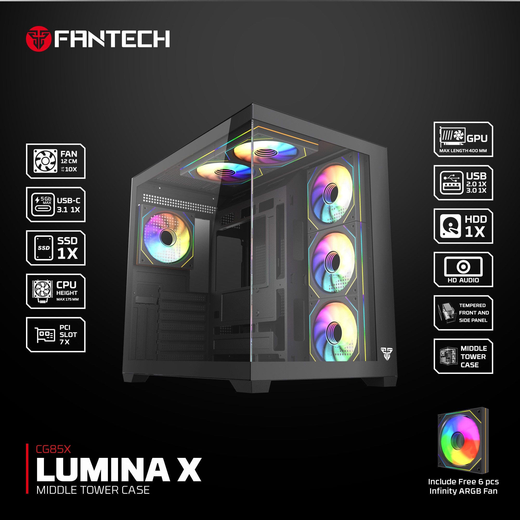 Black Build Fantech Gabinete Lumina X CG85X BLACK 6 Fans Panoramic View ETCHILE Fantech Gabinete Lumina X CG85X BLACK 6 Fans Panoramic View - Imagen 2