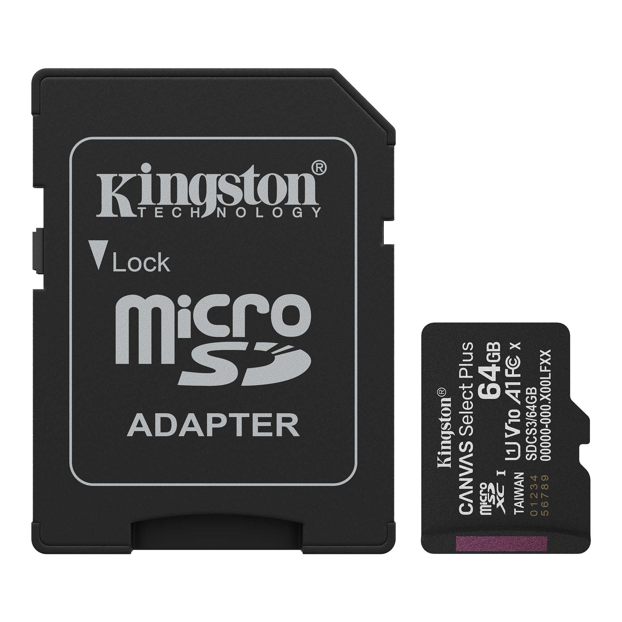 Kingston Tarjeta de Memoria Micro SD 64GB CANVAS SELECT Plus con Adaptador 100MB/s V10 A1 SDCS3/64GB