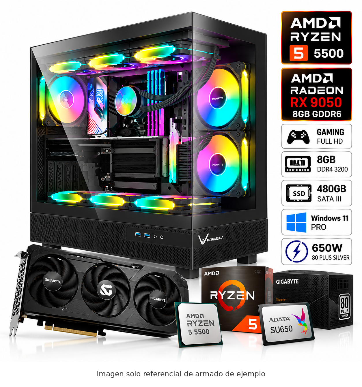 PC Gamer ETCHILE Crystal Eco R5 Ryzen 5 5500 | Radeon RX 9050 8GB | RAM 8GB DDR4 | SSD ADATA 480GB | 650W | Windows 11 Pro