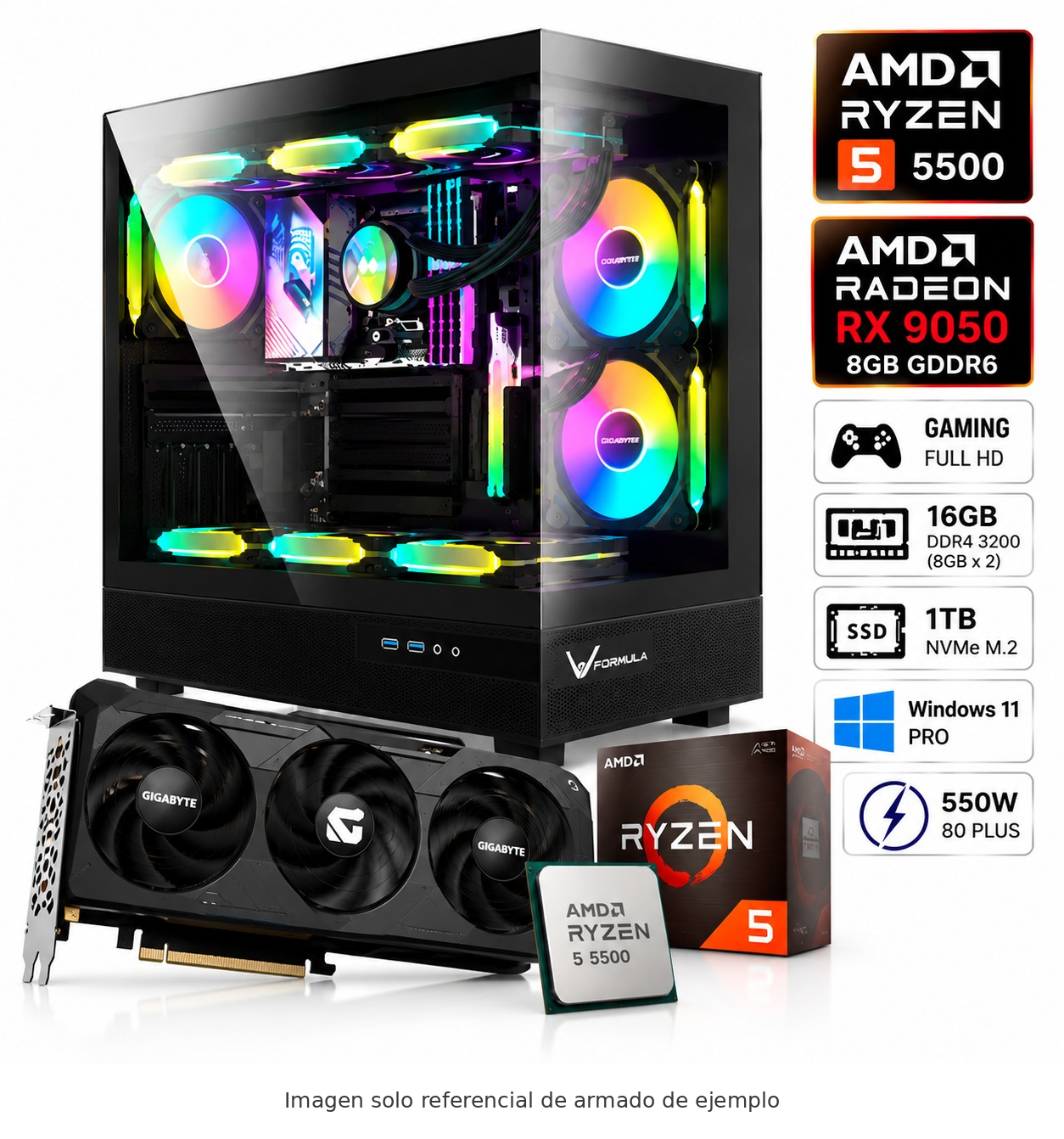 PC Gamer AMD Ryzen 5 5500 Radeon RX 9050 8GB 16GB DDR4 1TB SSD M2 RGB 550W W11 PRO