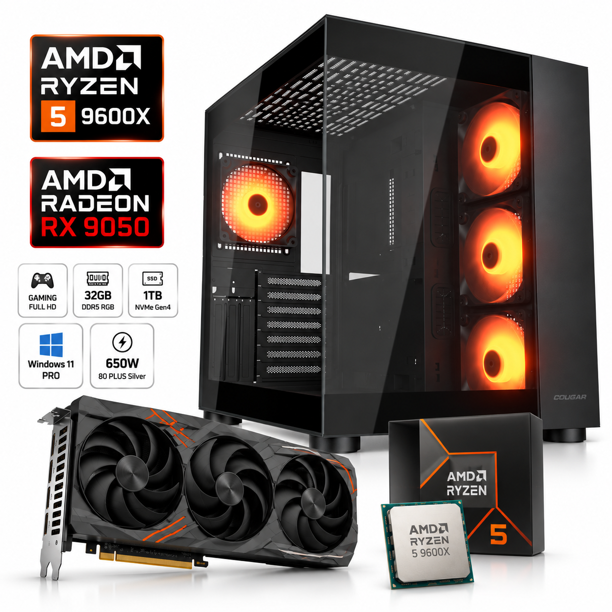 PC Gamer ETCHILE PHANTOM RX AMD Ryzen AM5 9600X Radeon RX 9050 8GB 32GB DDR5 1TB NVMe RGB 650W W11 PRO