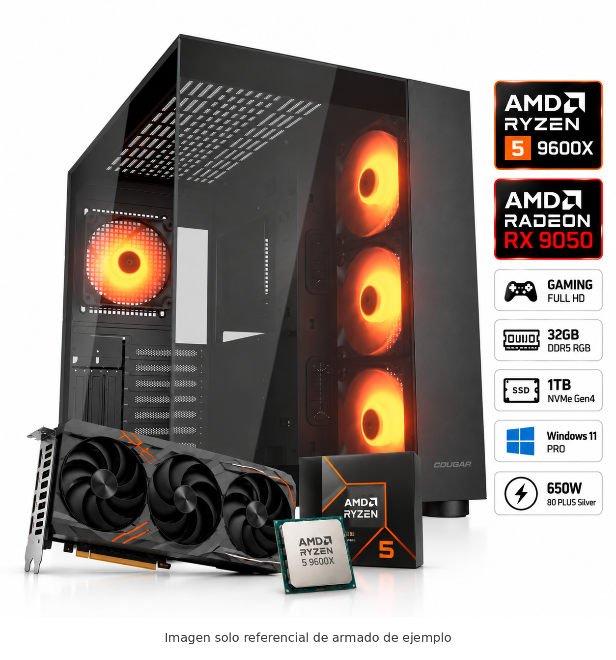 PC Gamer ETCHILE PHANTOM RX AMD Ryzen AM5 9600X Radeon RX 9050 8GB 32GB DDR5 1TB NVMe RGB 650W W11 PRO