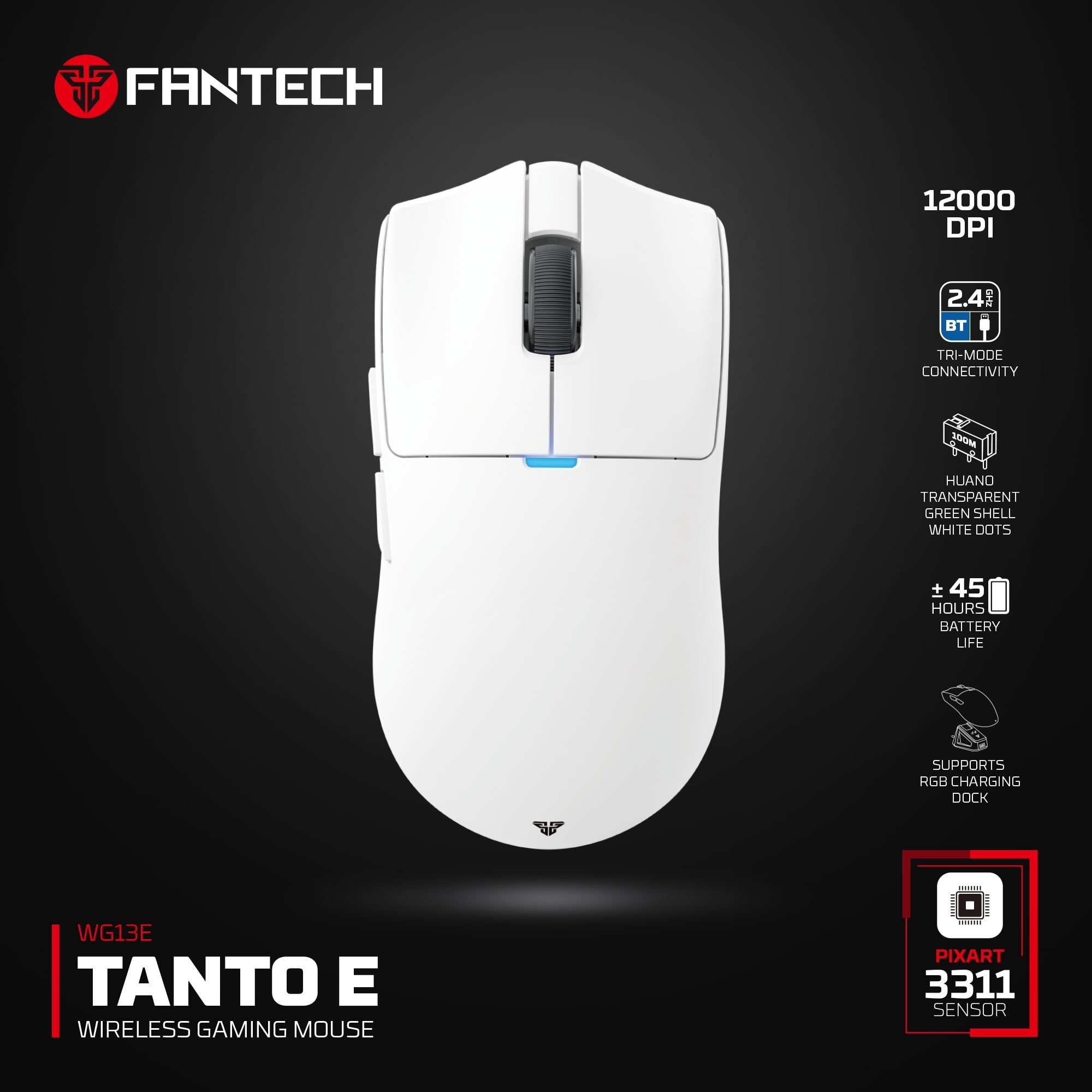 Mouse Fantech Mouse Gamer TANTO E White WG13E Wireless Tri-mode 57g 45hrs Pixart 3311 Sensor ETCHILE Fantech Mouse Gamer TANTO E White WG13E Wireless Tri-mode 57g 45hrs Pixart 3311 Sensor - Imagen 2