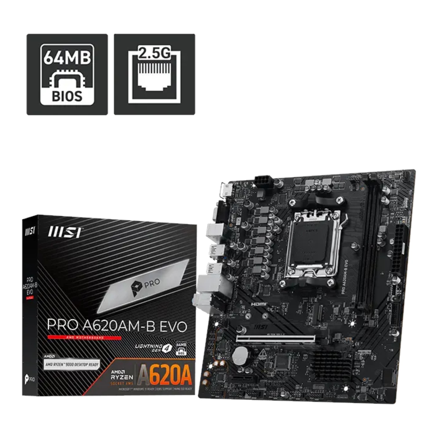 AMD MSI Placa Madre PRO A620AM-B EVO DDR5 AM5 RYZEN Series 7000/8000/9000 Ready ETCHILE MSI Placa Madre PRO A620AM-B EVO DDR5 AM5 RYZEN Series 7000/8000/9000 Ready